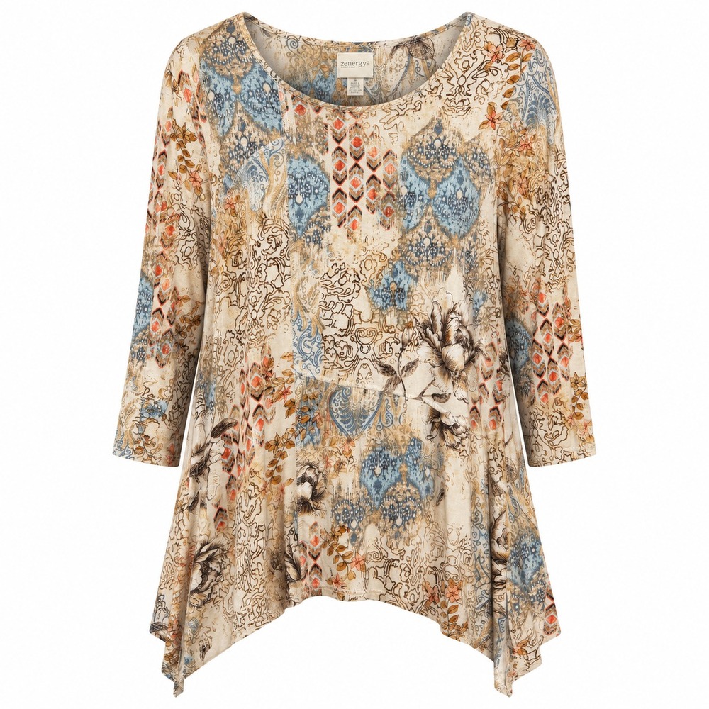 Chicos Size 1 Boho Asymmetrical‎ Floral Tunic Top Sz Medium Cottage Prairie Chic